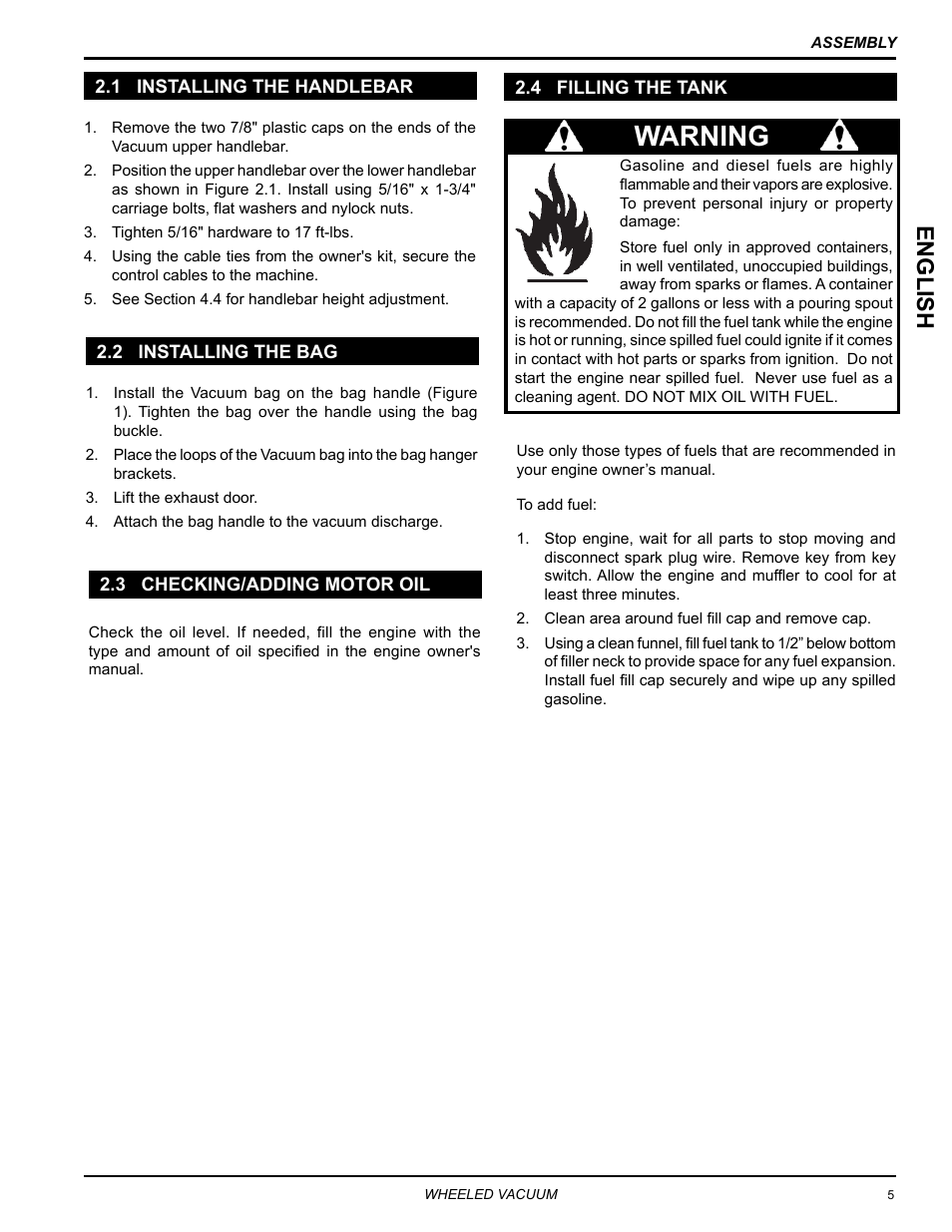 1 installing the handlebar, 2 installing the bag, 3 checking/adding motor oil | 4 filling the tank, Warning, English | Echo Bear Cat WV190S 2009 User Manual | Page 9 / 28