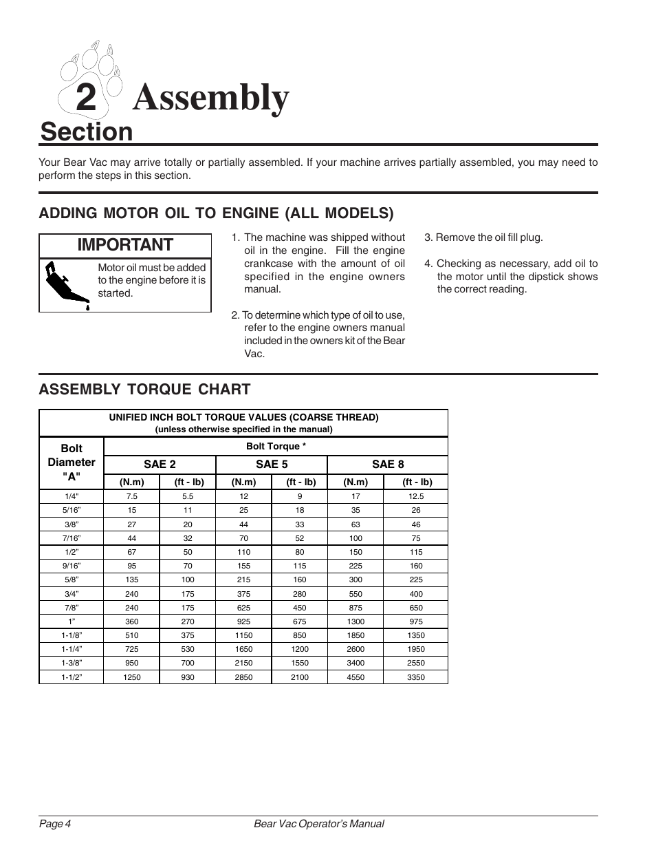 2 assembly, Important, Adding motor oil to engine (all models) | Assembly torque chart, Sae 2 bolt diameter "a" sae 5 sae 8 | Echo Bear Cat 75360 2002 User Manual | Page 10 / 28