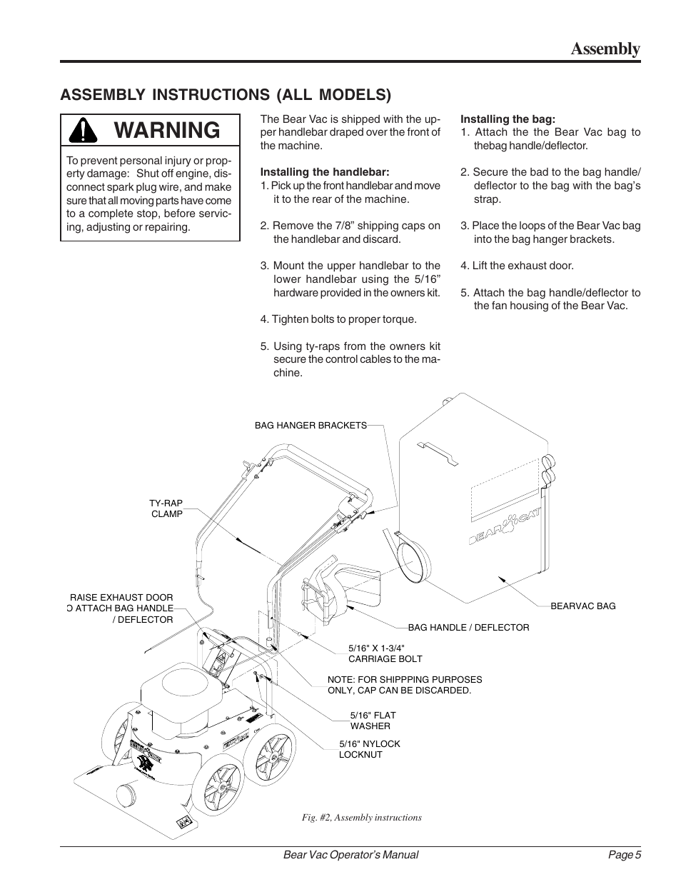 Warning, Assembly, Assembly instructions (all models) | Echo Bear Cat 75360 2002 User Manual | Page 11 / 28