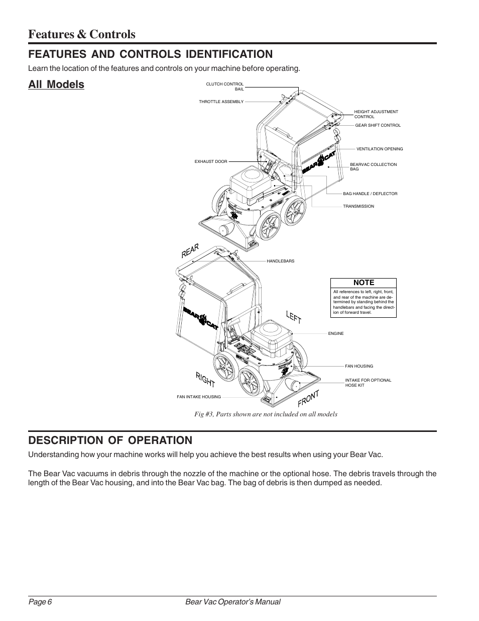 Features & controls, Features and controls identification all models, Description of operation | Echo Bear Cat 75360 2002 User Manual | Page 12 / 28