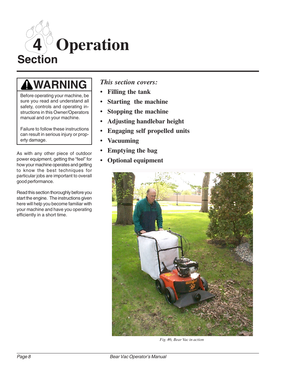 4 operation, Warning | Echo Bear Cat 75360 2002 User Manual | Page 14 / 28