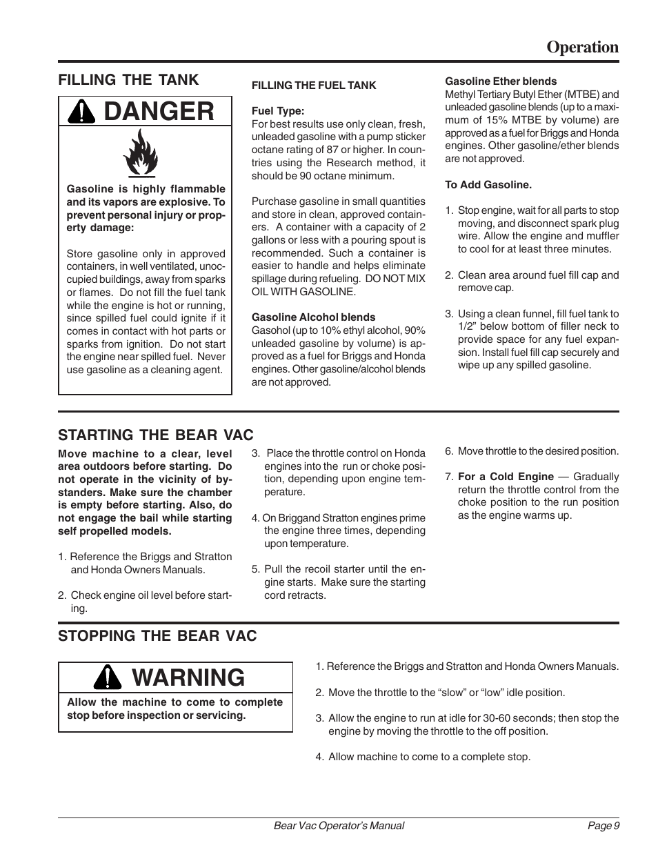 Danger, Warning, Operation | Filling the tank, Starting the bear vac, Stopping the bear vac | Echo Bear Cat 75360 2002 User Manual | Page 15 / 28