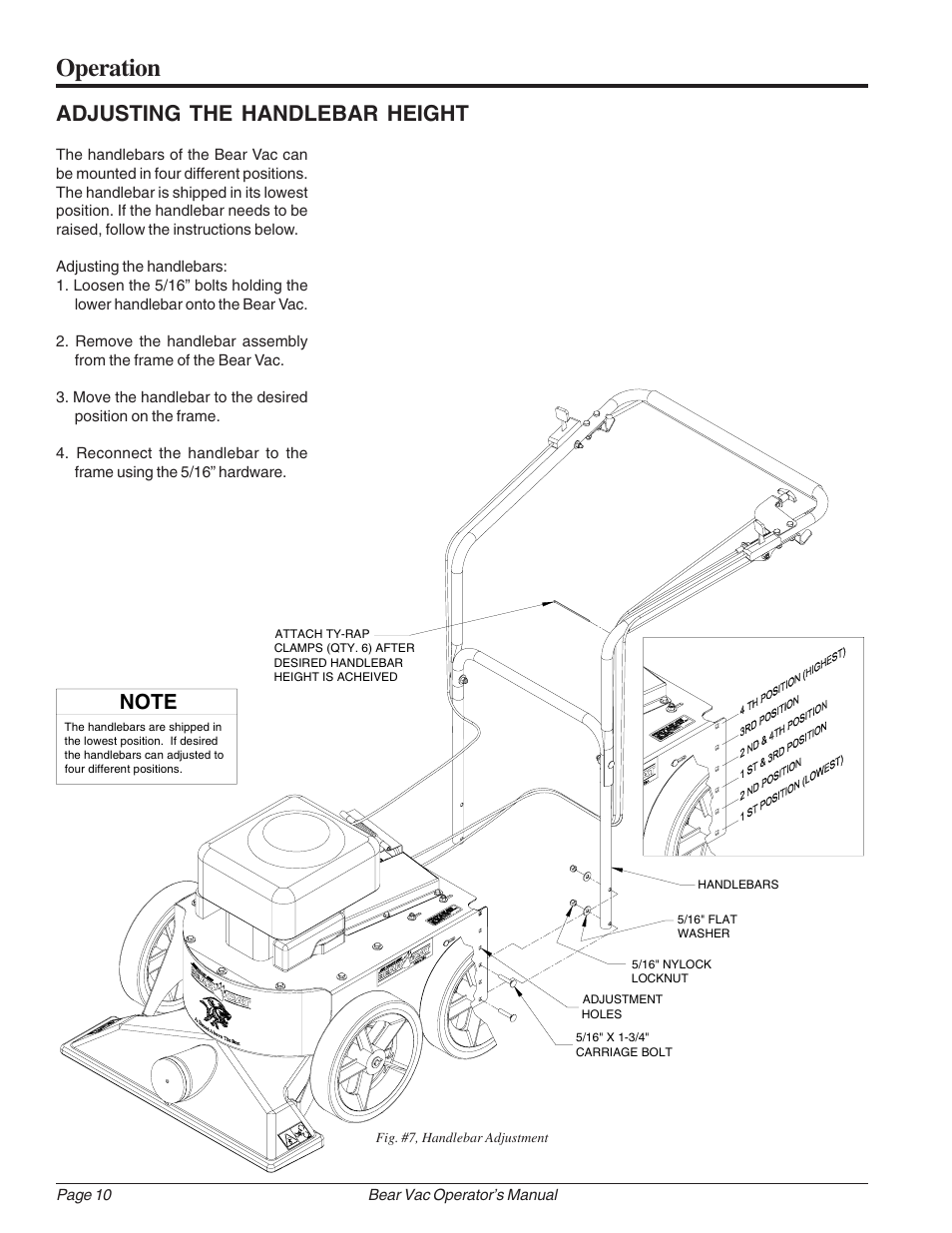 Operation, Adjusting the handlebar height | Echo Bear Cat 75360 2002 User Manual | Page 16 / 28