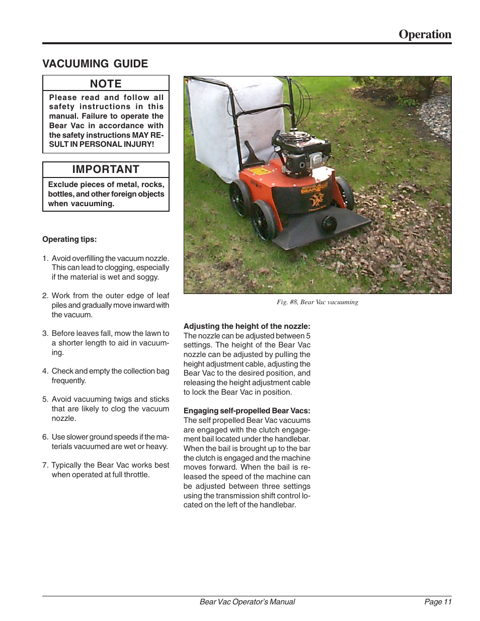 Operation, Vacuuming guide, Important | Echo Bear Cat 75360 2002 User Manual | Page 17 / 28