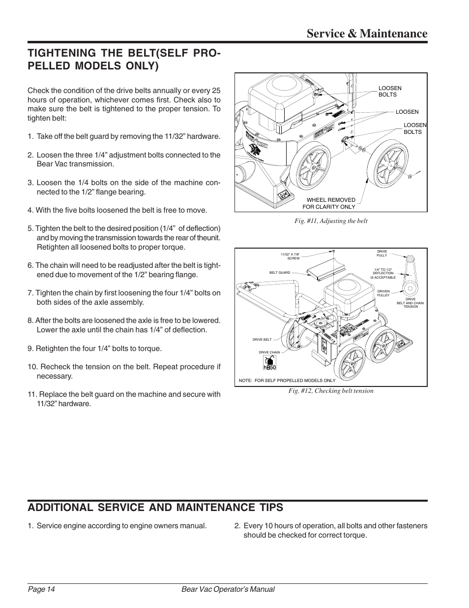 Service & maintenance, Tightening the belt(self pro- pelled models only), Additional service and maintenance tips | Echo Bear Cat 75360 2002 User Manual | Page 20 / 28