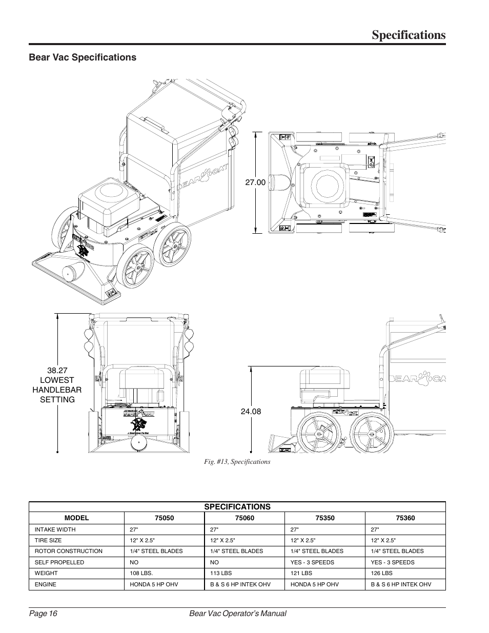Specifications, Bear vac specifications | Echo Bear Cat 75360 2002 User Manual | Page 22 / 28