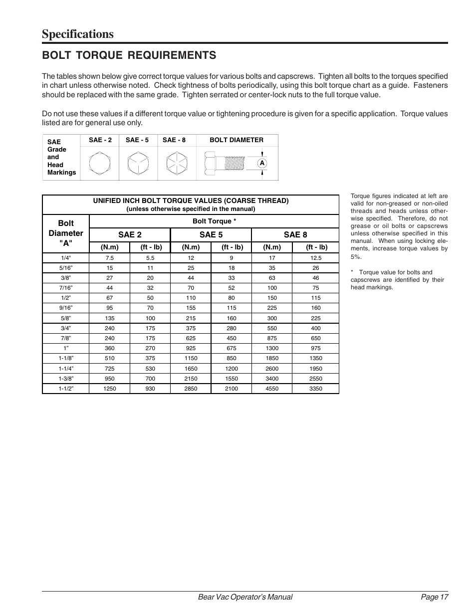 Specifications, Bolt torque requirements, Sae 2 bolt diameter "a" sae 5 sae 8 | Echo Bear Cat 75360 2002 User Manual | Page 23 / 28