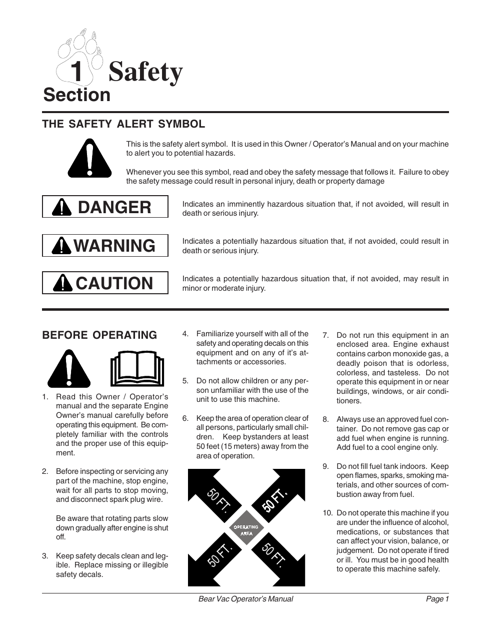 1 safety, Danger, Warning | Caution | Echo Bear Cat 75360 2002 User Manual | Page 7 / 28