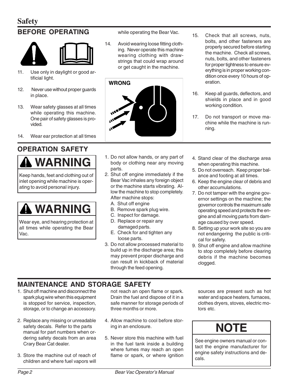 Warning, Safety, Before operating | Operation safety, Maintenance and storage safety | Echo Bear Cat 75360 2002 User Manual | Page 8 / 28