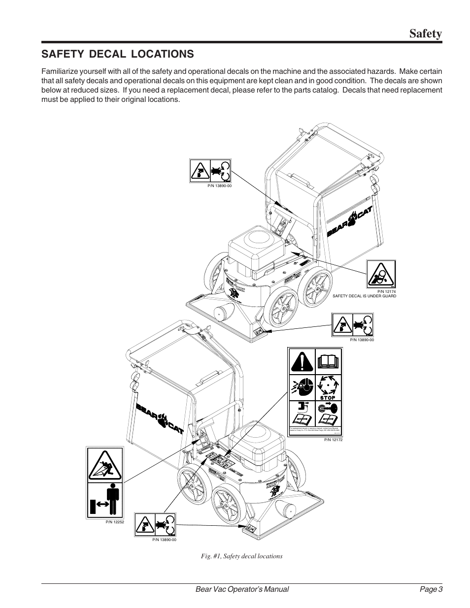 Safety, Safety decal locations, Page 3 bear vac operator’s manual | Fig. #1, safety decal locations | Echo Bear Cat 75360 2002 User Manual | Page 9 / 28