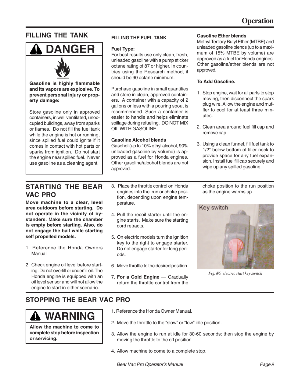 Danger, Warning, Operation | Filling the tank, Starting the bear vac pro, Stopping the bear vac pro | Echo Bear Cat 75111 User Manual | Page 15 / 27