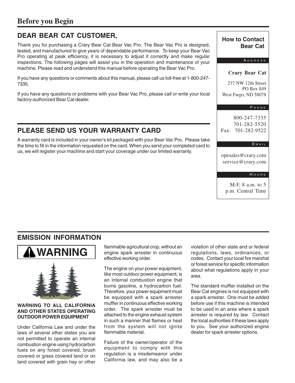 Warning, Before you begin, Dear bear cat customer | Please send us your warranty card, Emission information | Echo Bear Cat 75111 User Manual | Page 2 / 27