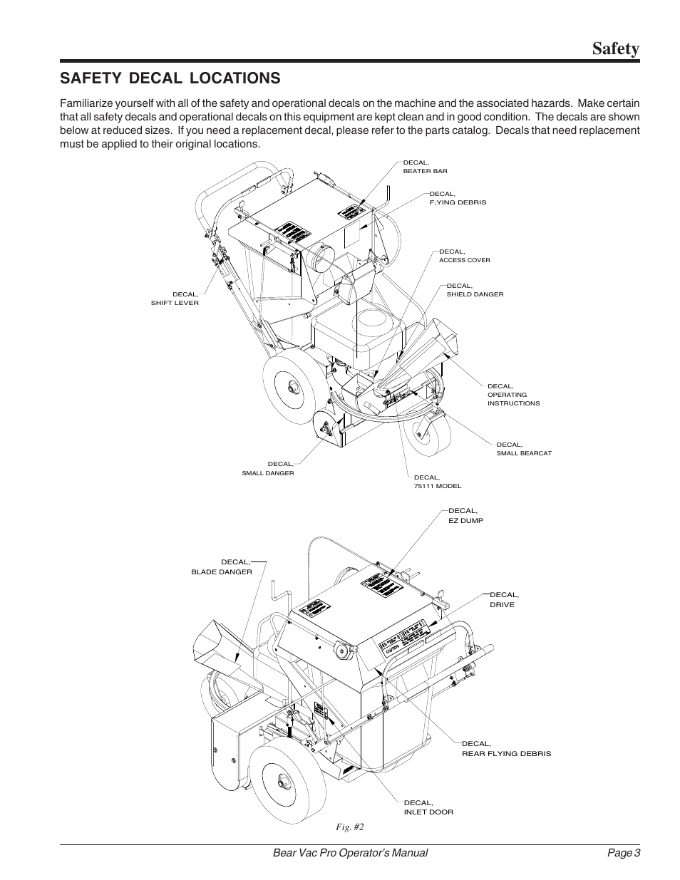 Safety, Safety decal locations, Page 3 bear vac pro operator’s manual | Fig. #2 | Echo Bear Cat 75111 User Manual | Page 9 / 27