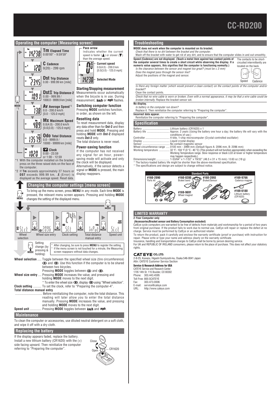 Cc-rd200, Maintenance, Replacing the battery | Operating the computer [measuring screen, Changing the computer settings [menu screen, Troubleshooting, Specification | CatEye CC-RD200 User Manual | Page 2 / 2