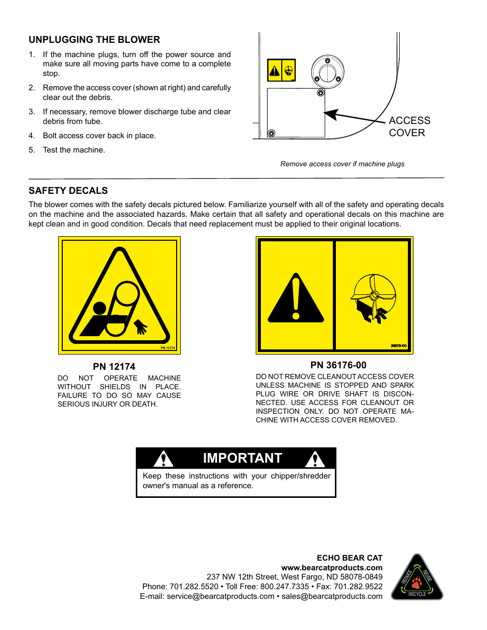 Important, Access cover | Echo Bear Cat 70487 User Manual | Page 4 / 4