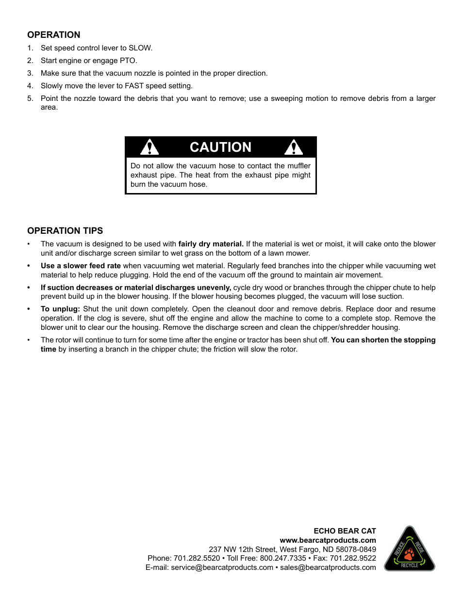 Caution | Echo Bear Cat 71125 User Manual | Page 4 / 4