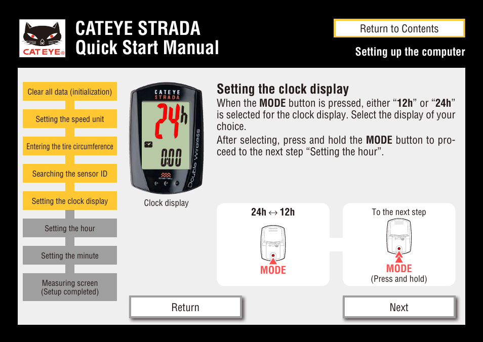Cateye strada quick start manual, Setting the clock display | CatEye CC-RD400DW [Strada Double Wireless] User Manual | Page 11 / 17