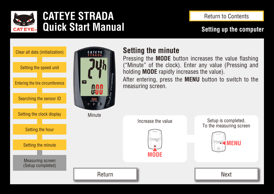 Cateye strada quick start manual, Setting the minute | CatEye CC-RD400DW [Strada Double Wireless] User Manual | Page 13 / 17