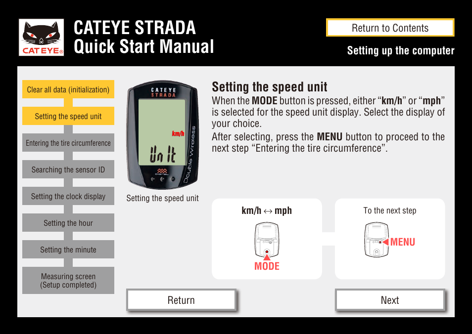 Cateye strada quick start manual, Setting the speed unit | CatEye CC-RD400DW [Strada Double Wireless] User Manual | Page 7 / 17