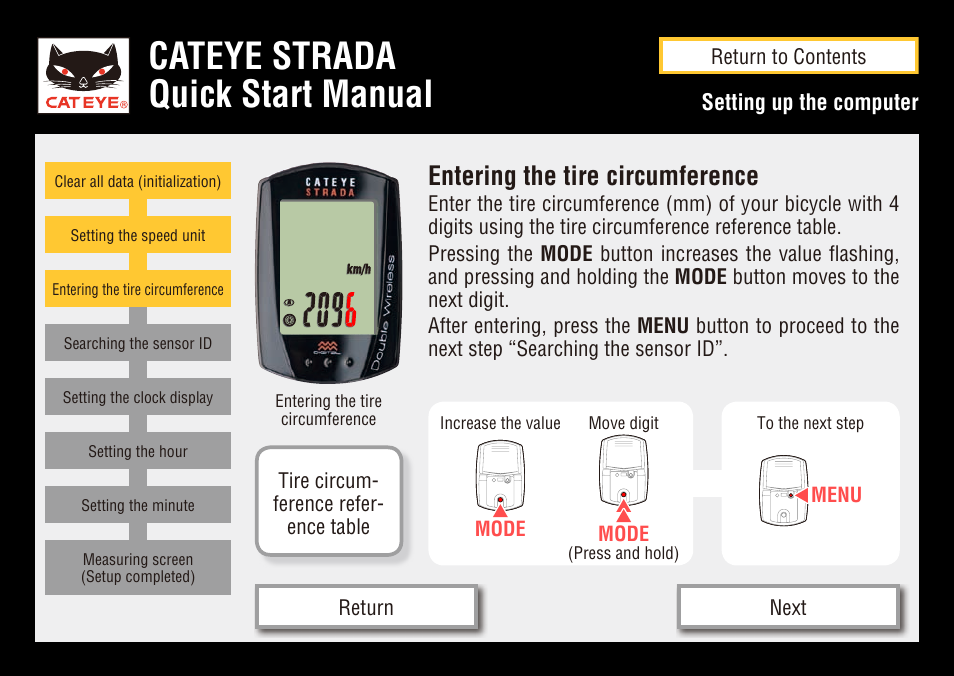 Cateye strada quick start manual, Entering the tire circumference | CatEye CC-RD400DW [Strada Double Wireless] User Manual | Page 8 / 17