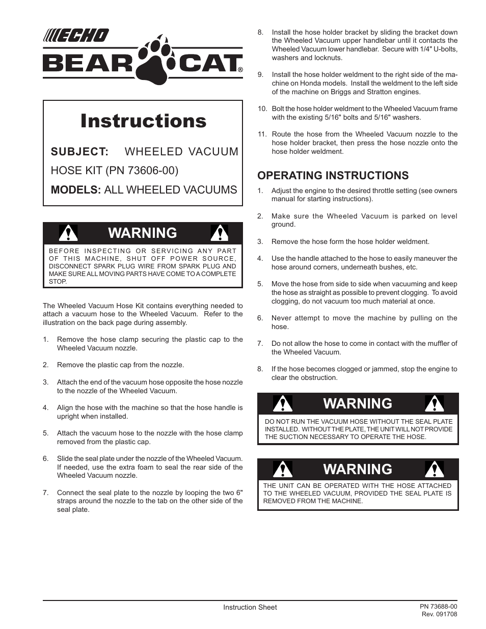 Echo Bear Cat 73606-00 User Manual | 2 pages