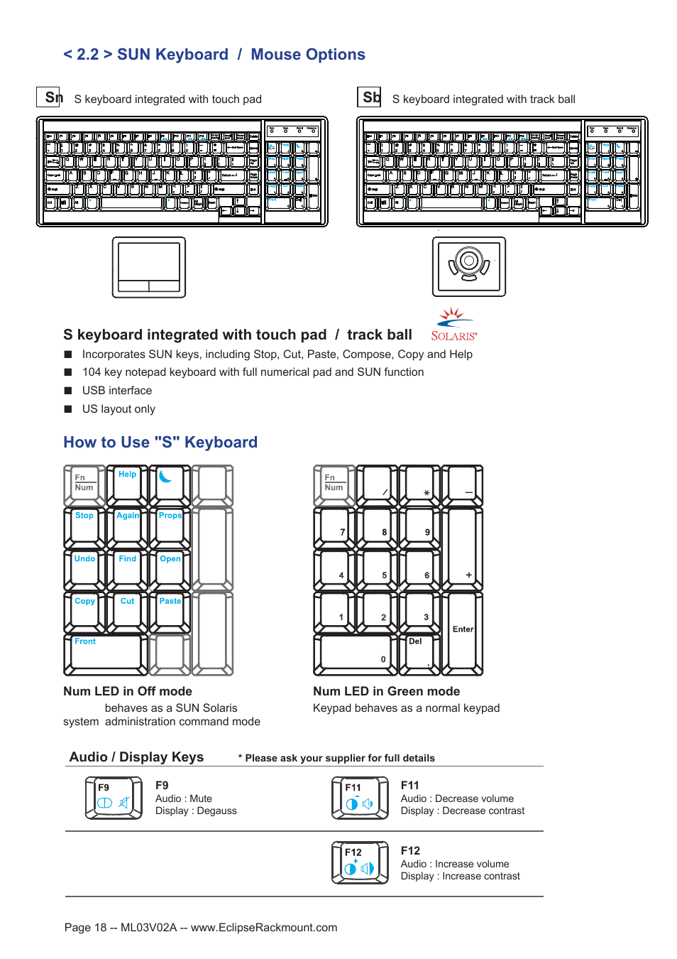 2 > sun keyboard / mouse options, How to use "s" keyboard, S keyboard integrated with touch pad / track ball | Audio / display keys | Eclipse Rackmount ERX Series User Manual | Page 18 / 24