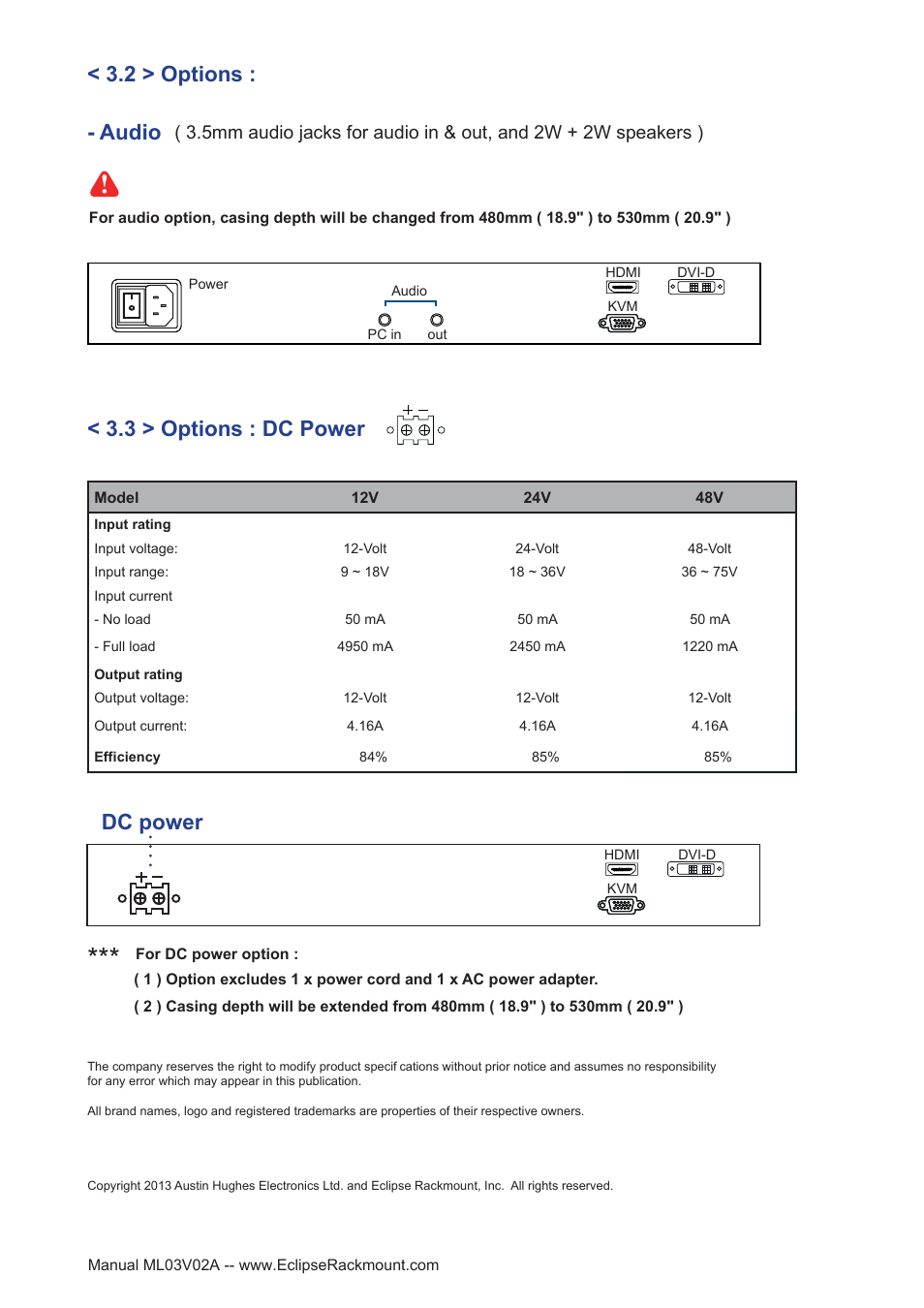 Dc power, 3 > options : dc power, Audio | 2 > options | Eclipse Rackmount ERX Series User Manual | Page 24 / 24