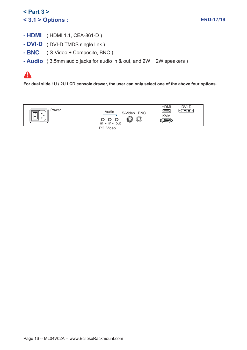 1 > options : < part 3, Bnc - dvi-d - hdmi - audio | Eclipse Rackmount ERD Series User Manual | Page 16 / 18