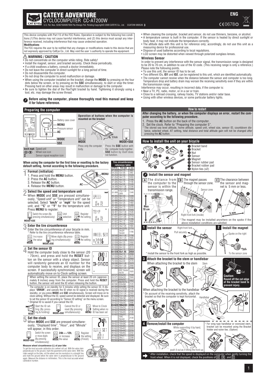 CatEye CYCLOCOMPUTER CC-AT200W User Manual | 3 pages