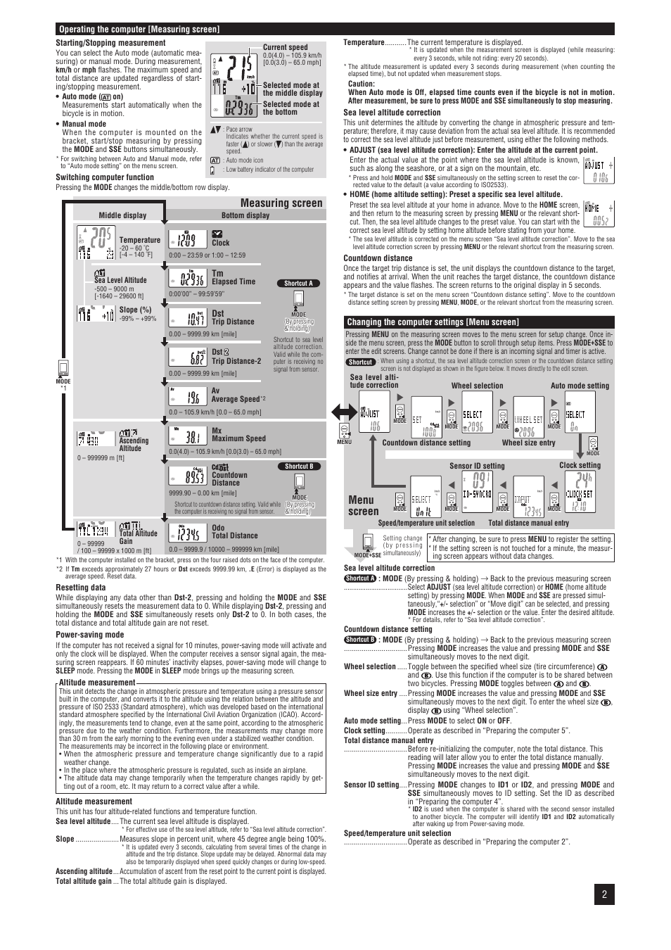Measuring screen menu screen | CatEye CYCLOCOMPUTER CC-AT200W User Manual | Page 2 / 3