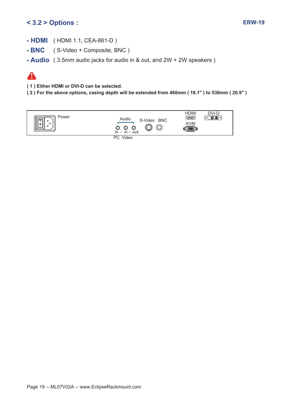 Bnc - audio, Hdmi, 2 > options | Eclipse Rackmount ERW Series User Manual | Page 19 / 21