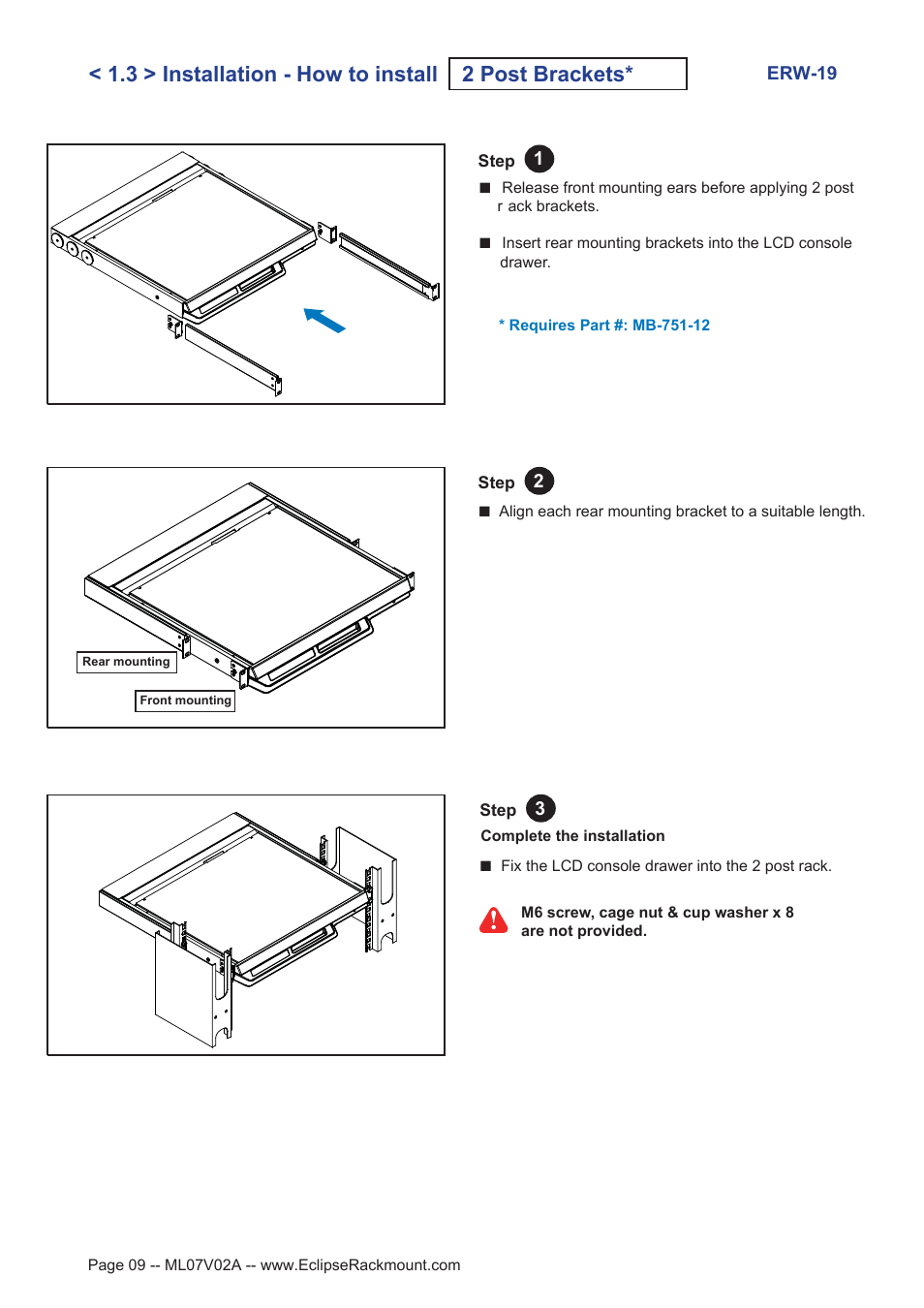 3 > installation - how to install 2 post brackets | Eclipse Rackmount ERW Series User Manual | Page 9 / 21