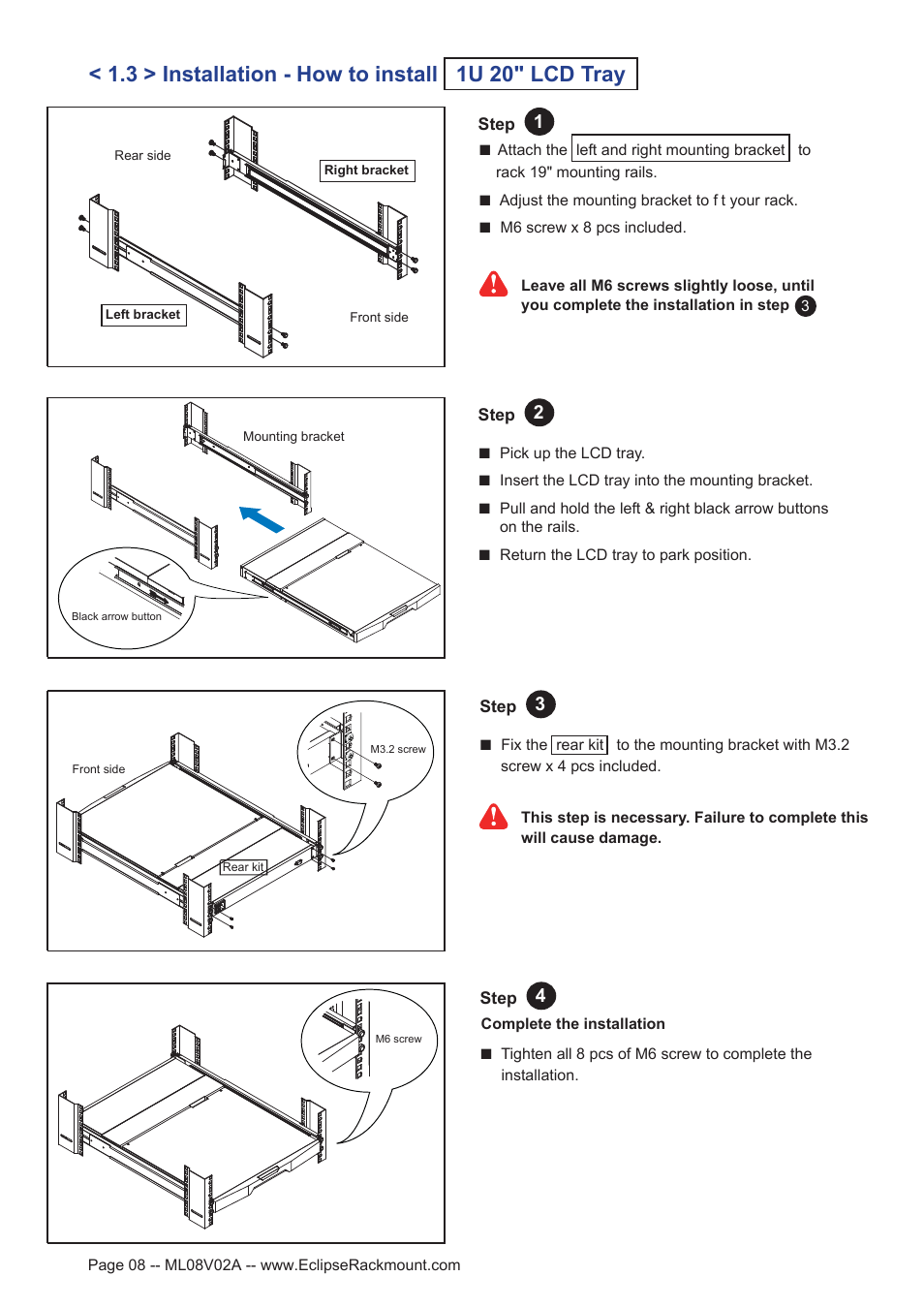 3 > installation - how to install 1u 20" lcd tray | Eclipse Rackmount ERL Series User Manual | Page 8 / 17