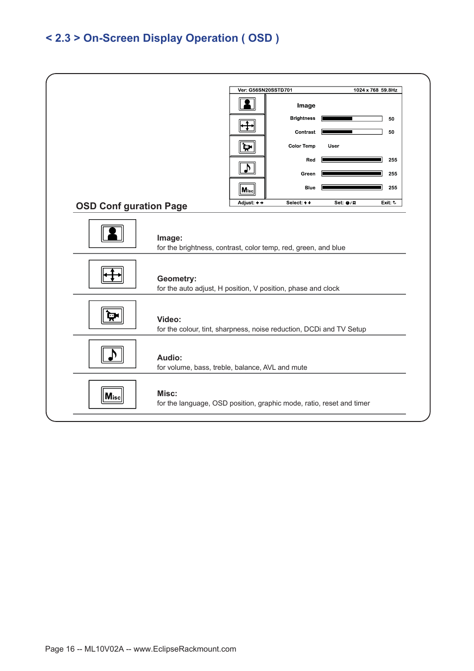 3 > on-screen display operation ( osd ) | Eclipse Rackmount ERHB Series User Manual | Page 16 / 19