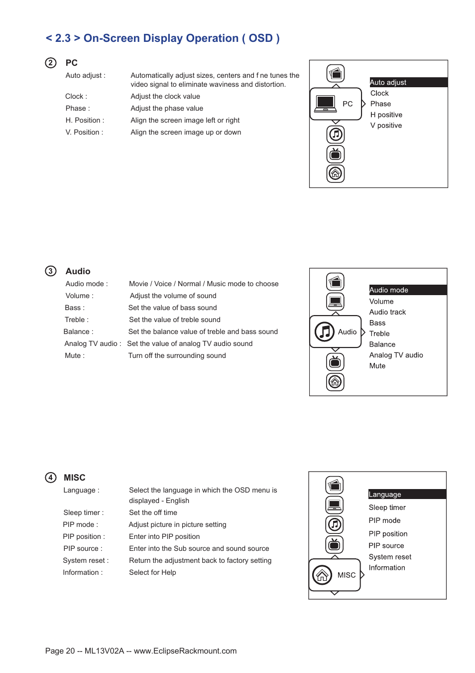 3 > on-screen display operation ( osd ) | Eclipse Rackmount ERFS Series User Manual | Page 20 / 25