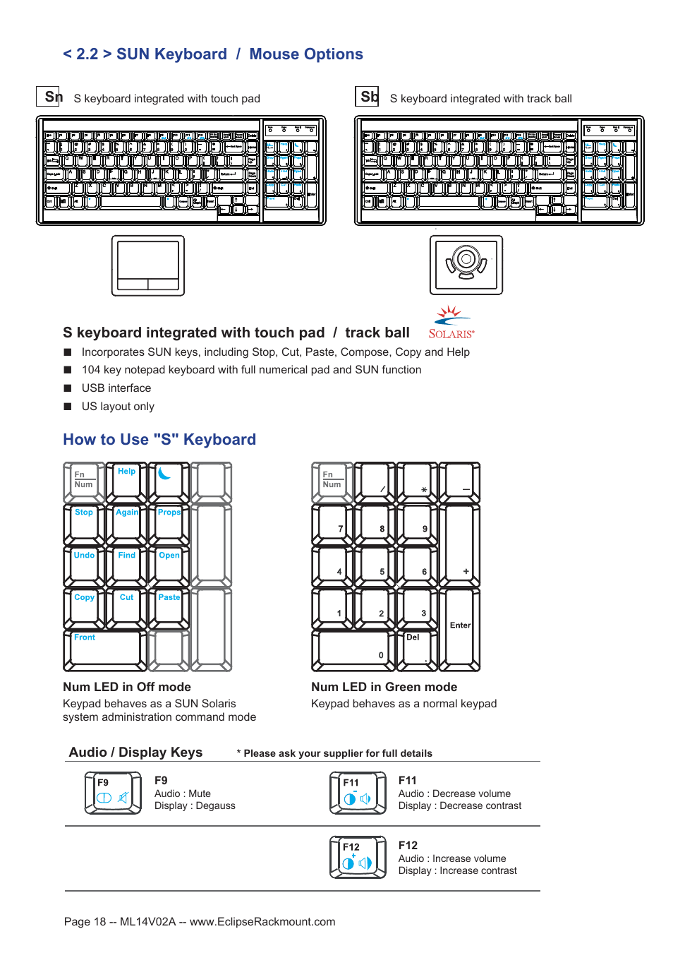 2 > sun keyboard / mouse options, How to use "s" keyboard, S keyboard integrated with touch pad / track ball | Audio / display keys | Eclipse Rackmount ERXS Series User Manual | Page 18 / 25