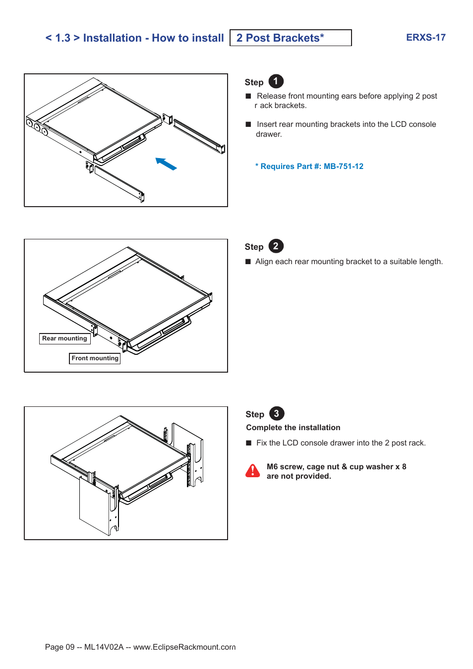 3 > installation - how to install 2 post brackets | Eclipse Rackmount ERXS Series User Manual | Page 9 / 25