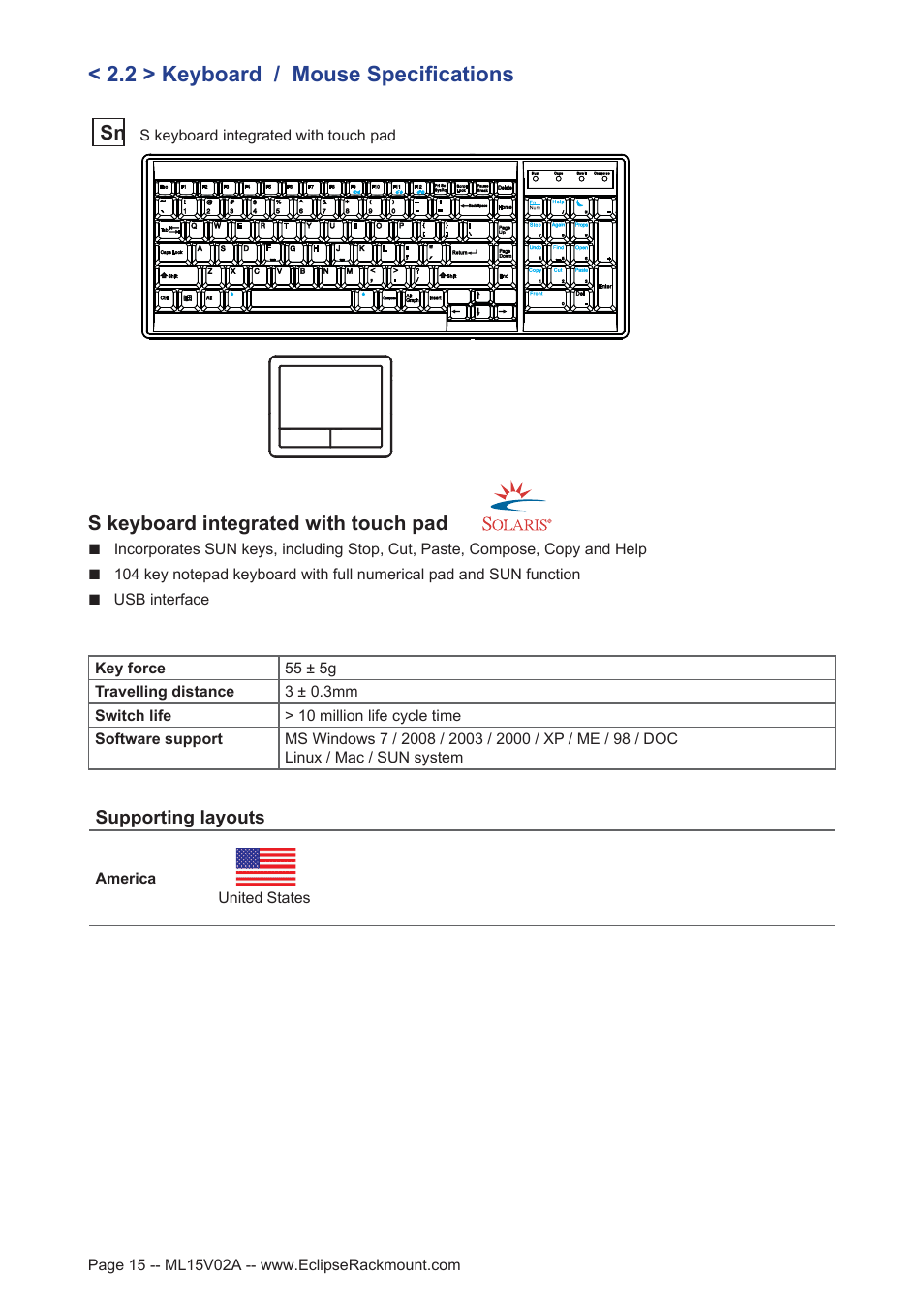 2 > keyboard / mouse specifications, S keyboard integrated with touch pad, Supporting layouts | Eclipse Rackmount ERDS Series User Manual | Page 15 / 19