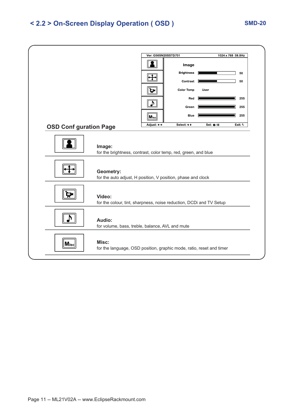 2 > on-screen display operation ( osd ) | Eclipse Rackmount SMD Series 20 User Manual | Page 11 / 13