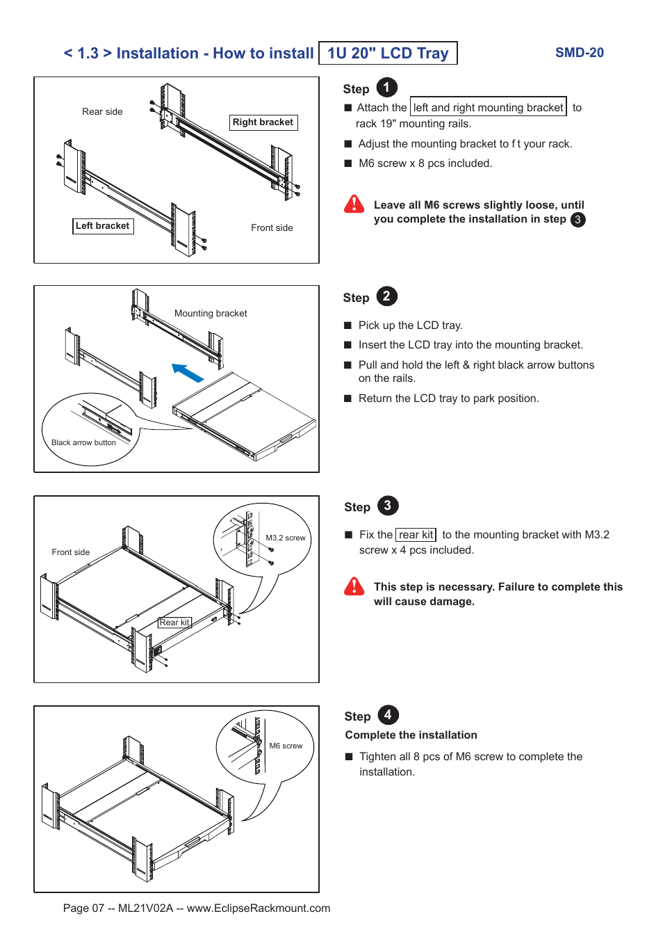 3 > installation - how to install 1u 20" lcd tray | Eclipse Rackmount SMD Series 20 User Manual | Page 7 / 13