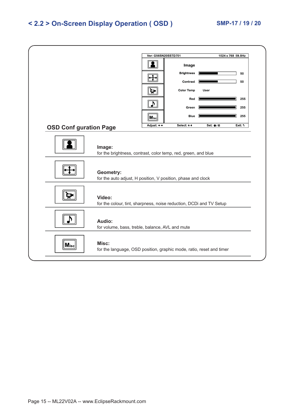 2 > on-screen display operation ( osd ) | Eclipse Rackmount SMP Series User Manual | Page 15 / 17