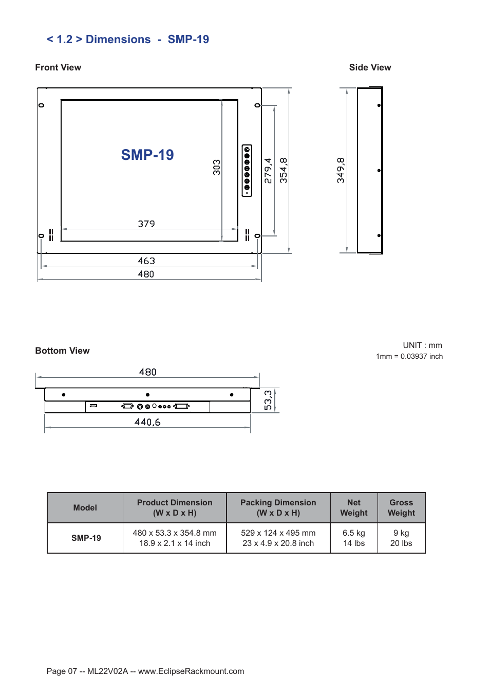 Smp-19, 2 > dimensions - smp-19 | Eclipse Rackmount SMP Series User Manual | Page 7 / 17