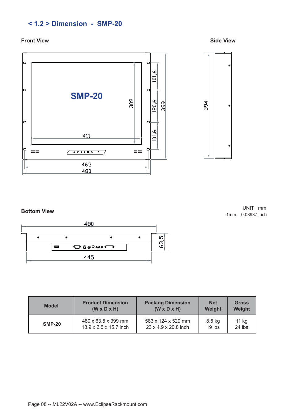 Smp-20, 2 > dimension - smp-20 | Eclipse Rackmount SMP Series User Manual | Page 8 / 17