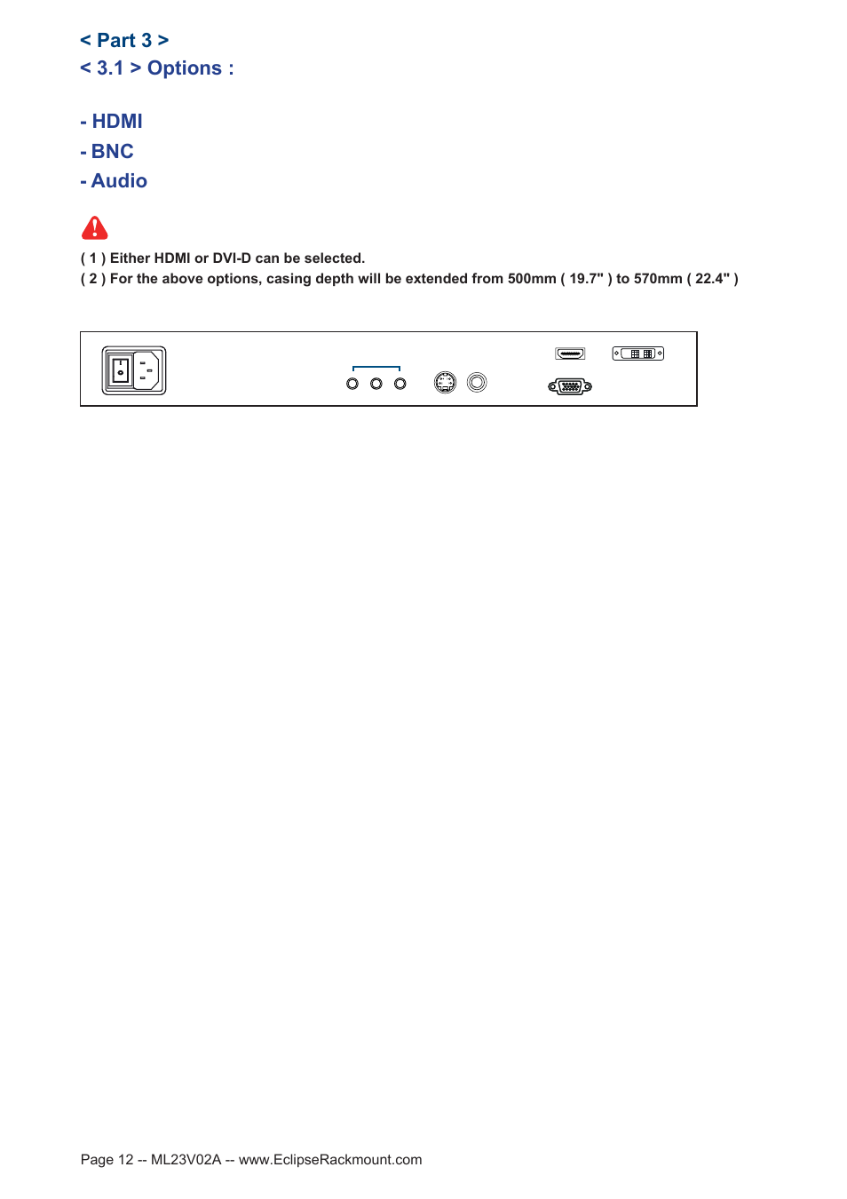 Bnc - audio, Hdmi, 1 > options : < part 3 | Eclipse Rackmount MD Series 17 User Manual | Page 12 / 15