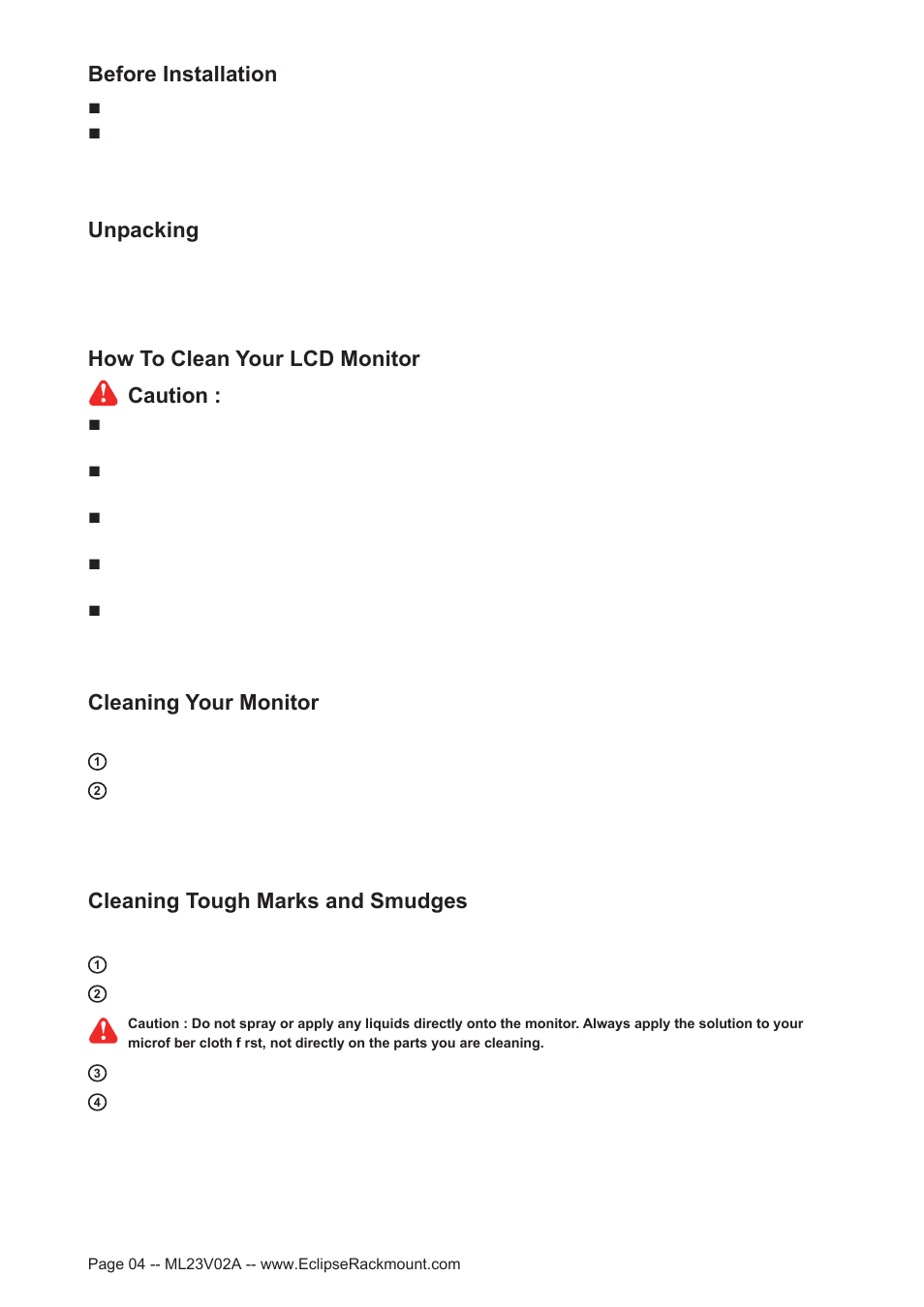 Cleaning your monitor, Cleaning tough marks and smudges | Eclipse Rackmount MD Series 17 User Manual | Page 4 / 15