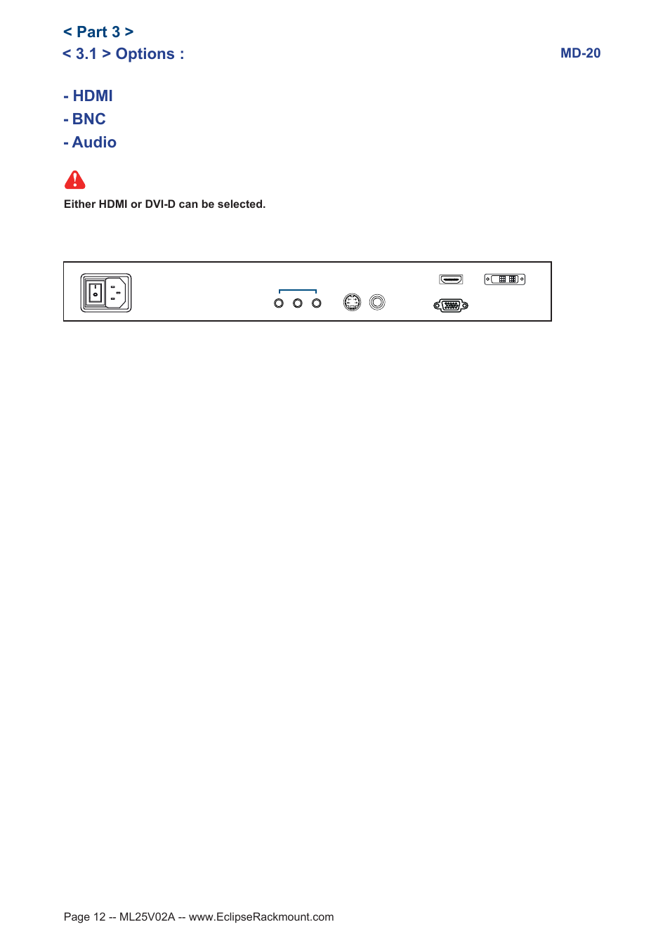 Bnc - audio, Hdmi, 1 > options | Part 3 | Eclipse Rackmount MD Series 20 User Manual | Page 12 / 14