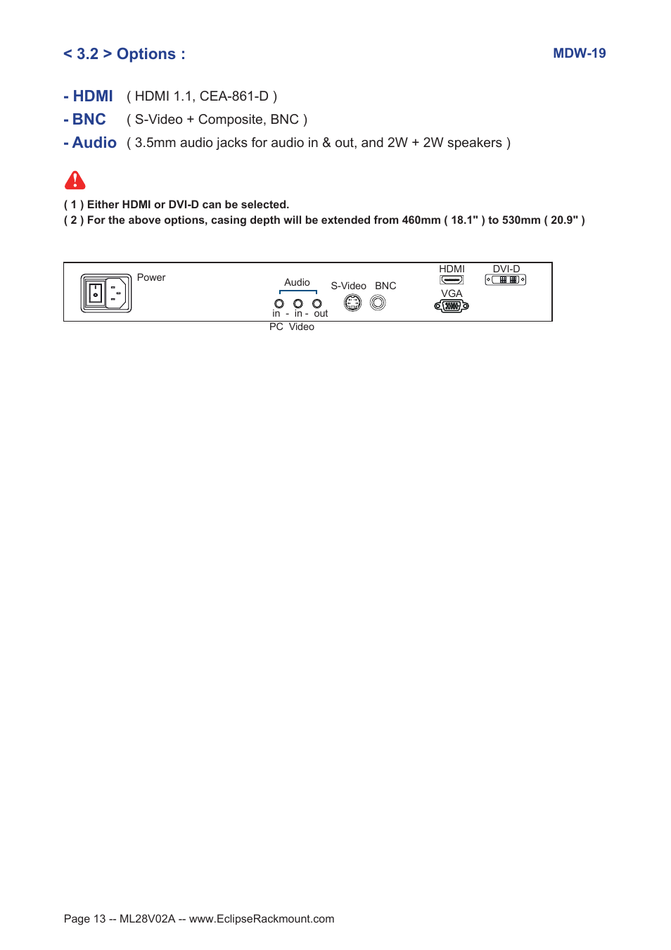 Bnc - audio, Hdmi, 2 > options | Eclipse Rackmount MDW Series User Manual | Page 13 / 15