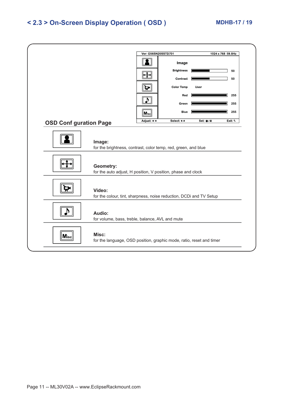 3 > on-screen display operation ( osd ) | Eclipse Rackmount MDHB Series User Manual | Page 11 / 15