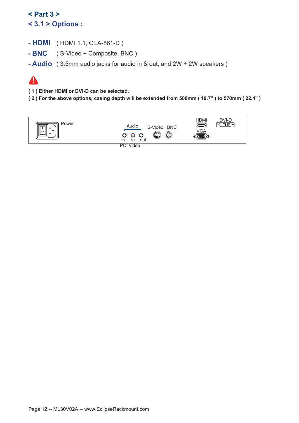 Bnc - audio, Hdmi, 1 > options : < part 3 | Eclipse Rackmount MDHB Series User Manual | Page 12 / 15