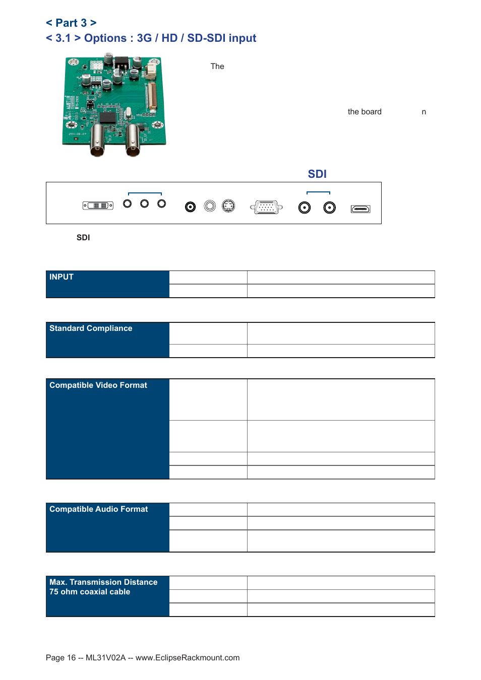1 > options : 3g / hd / sd-sdi input, Part 3 > sdi | Eclipse Rackmount MP Series User Manual | Page 16 / 23